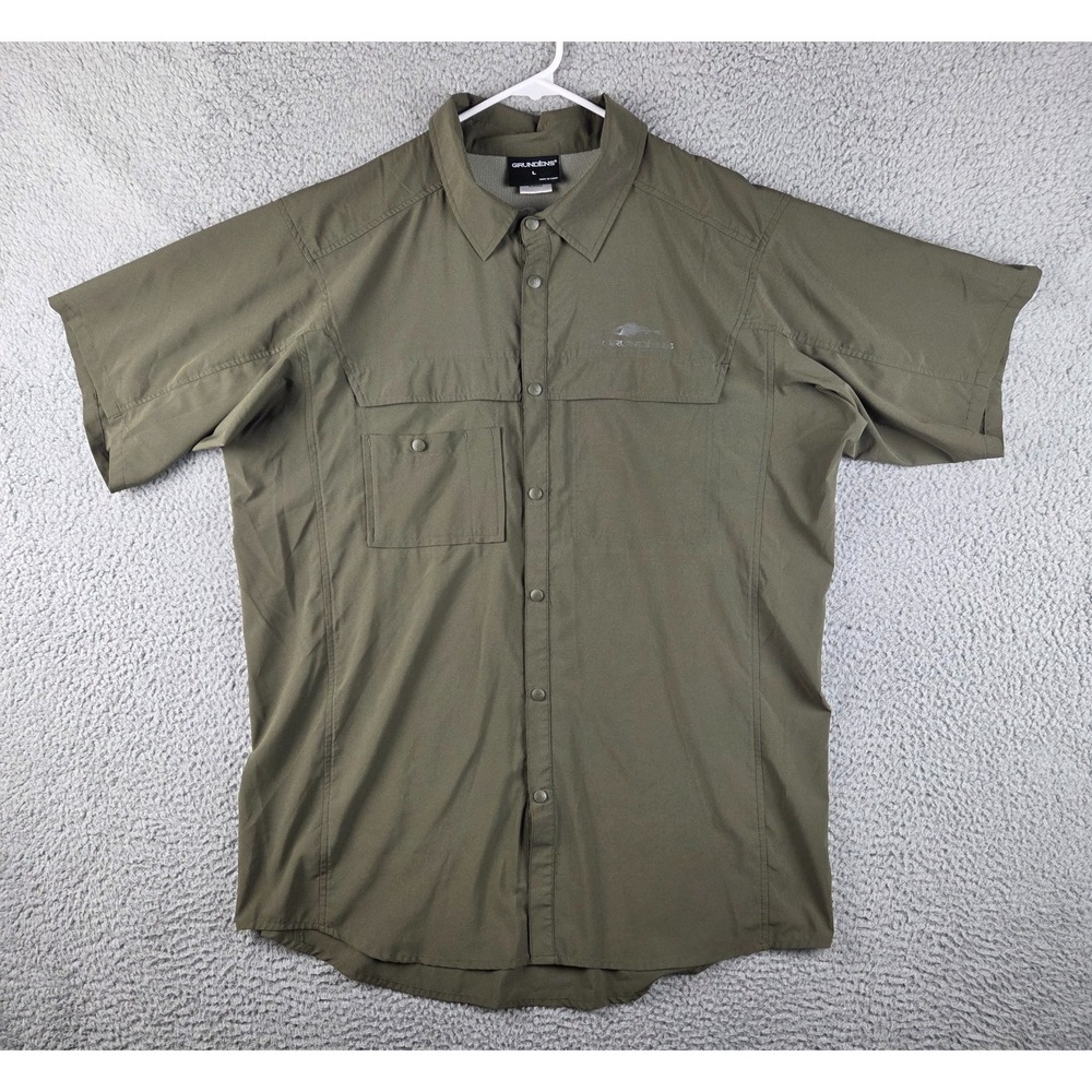 Grundens Fishing Shirt‎ Mens Large Green Button Up Short Sleeve Logo Outdoor